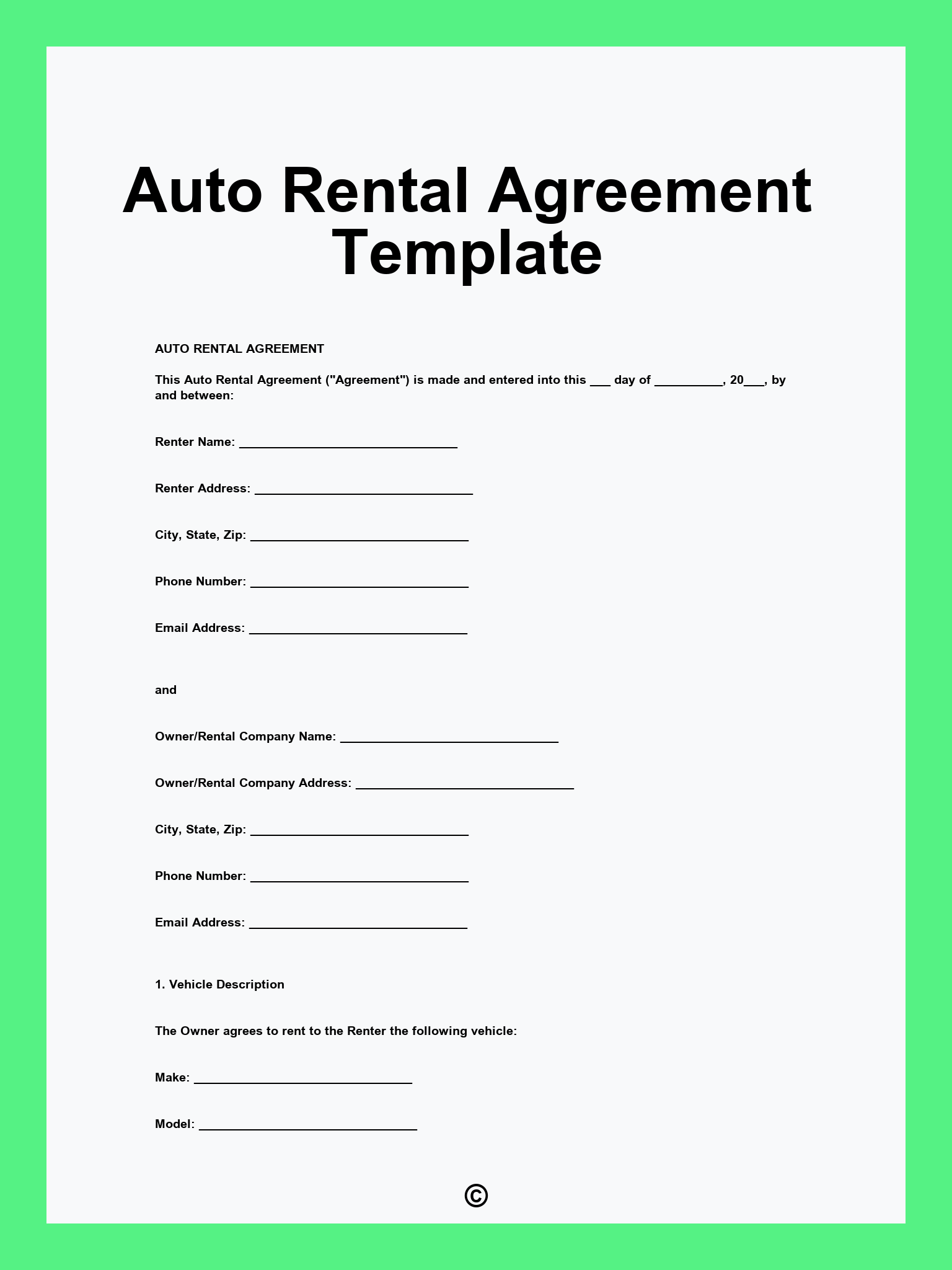 Auto Rental Agreement Template