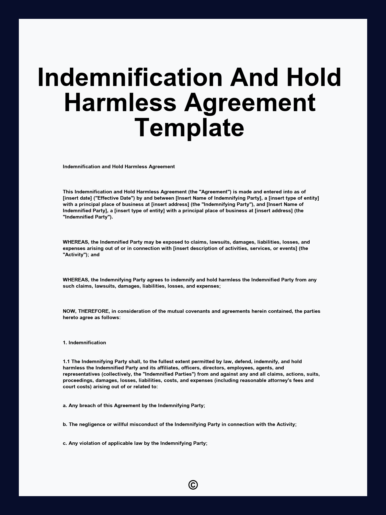 Indemnification And Hold Harmless Agreement Template