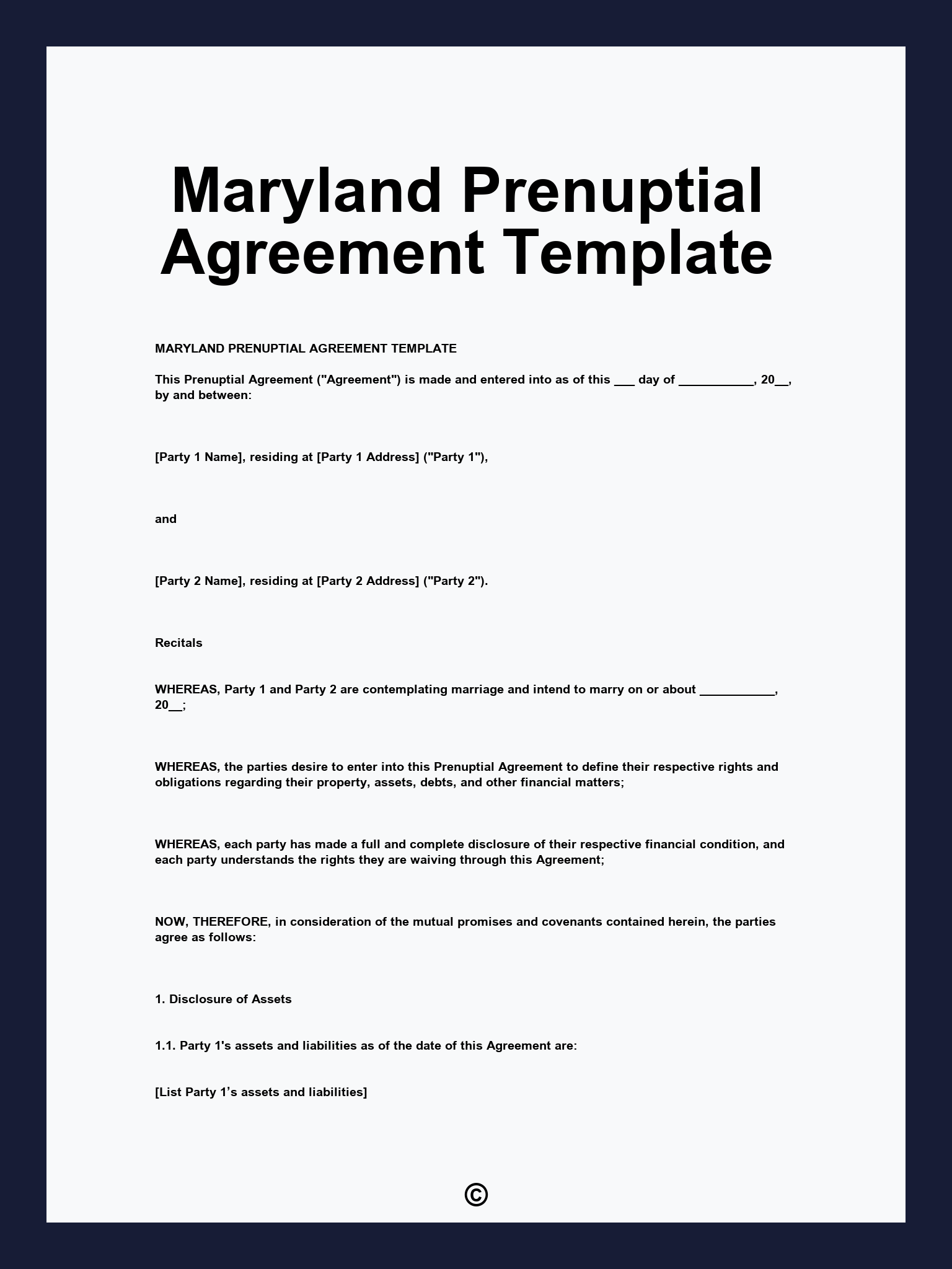 Maryland Prenuptial Agreement Template