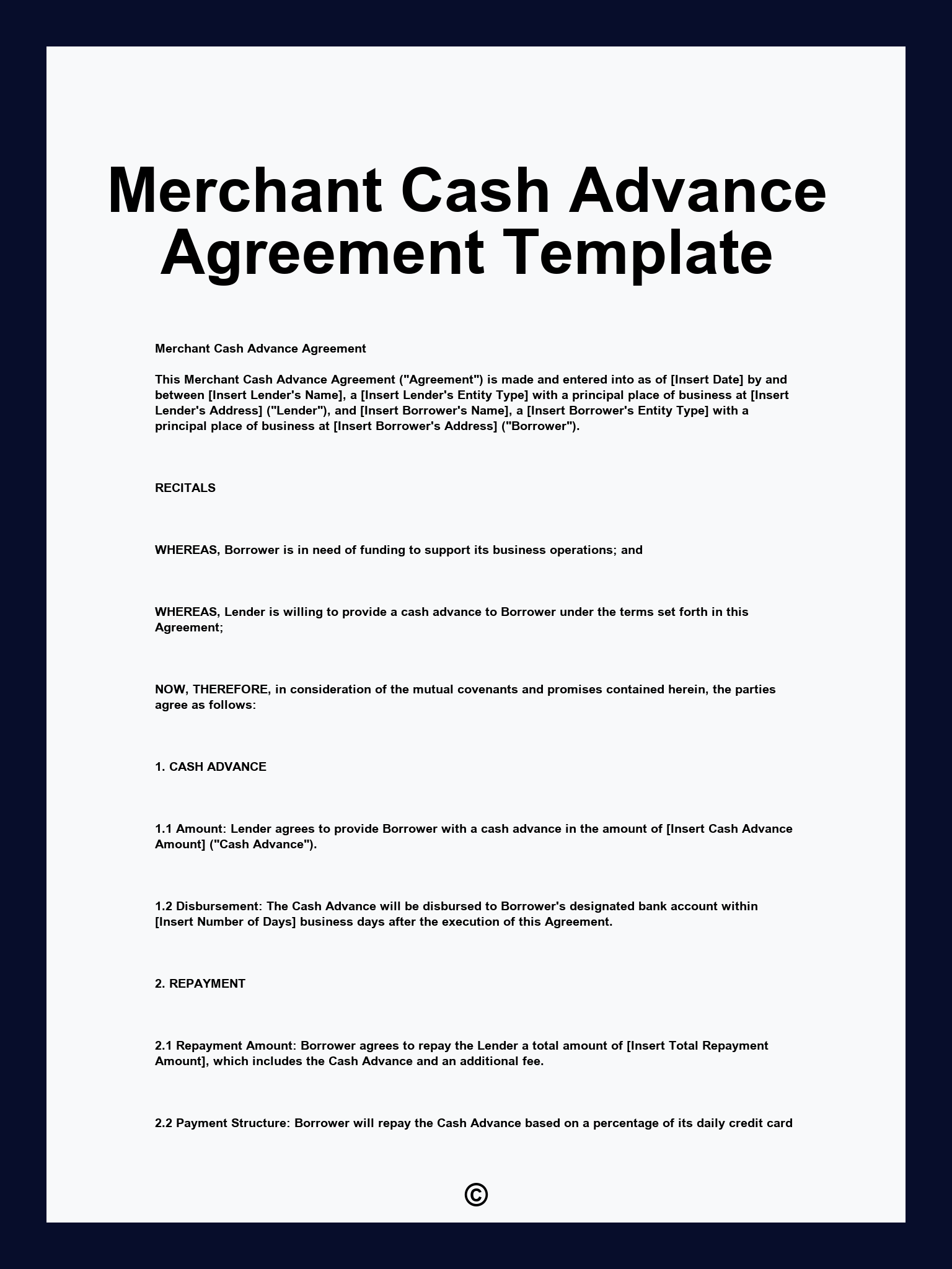 Merchant Cash Advance Agreement Template