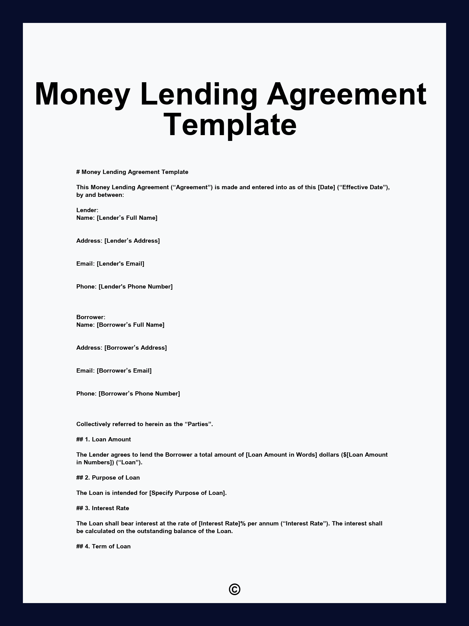 Money Lending Agreement Template