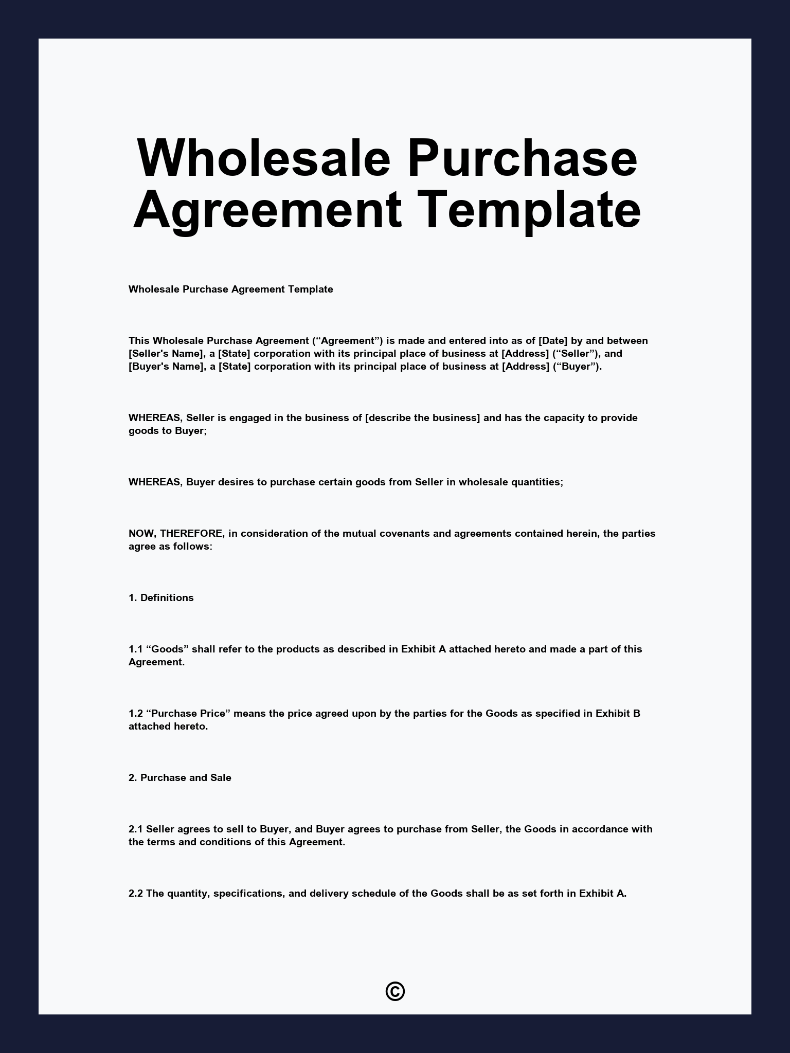 Wholesale Purchase Agreement Template